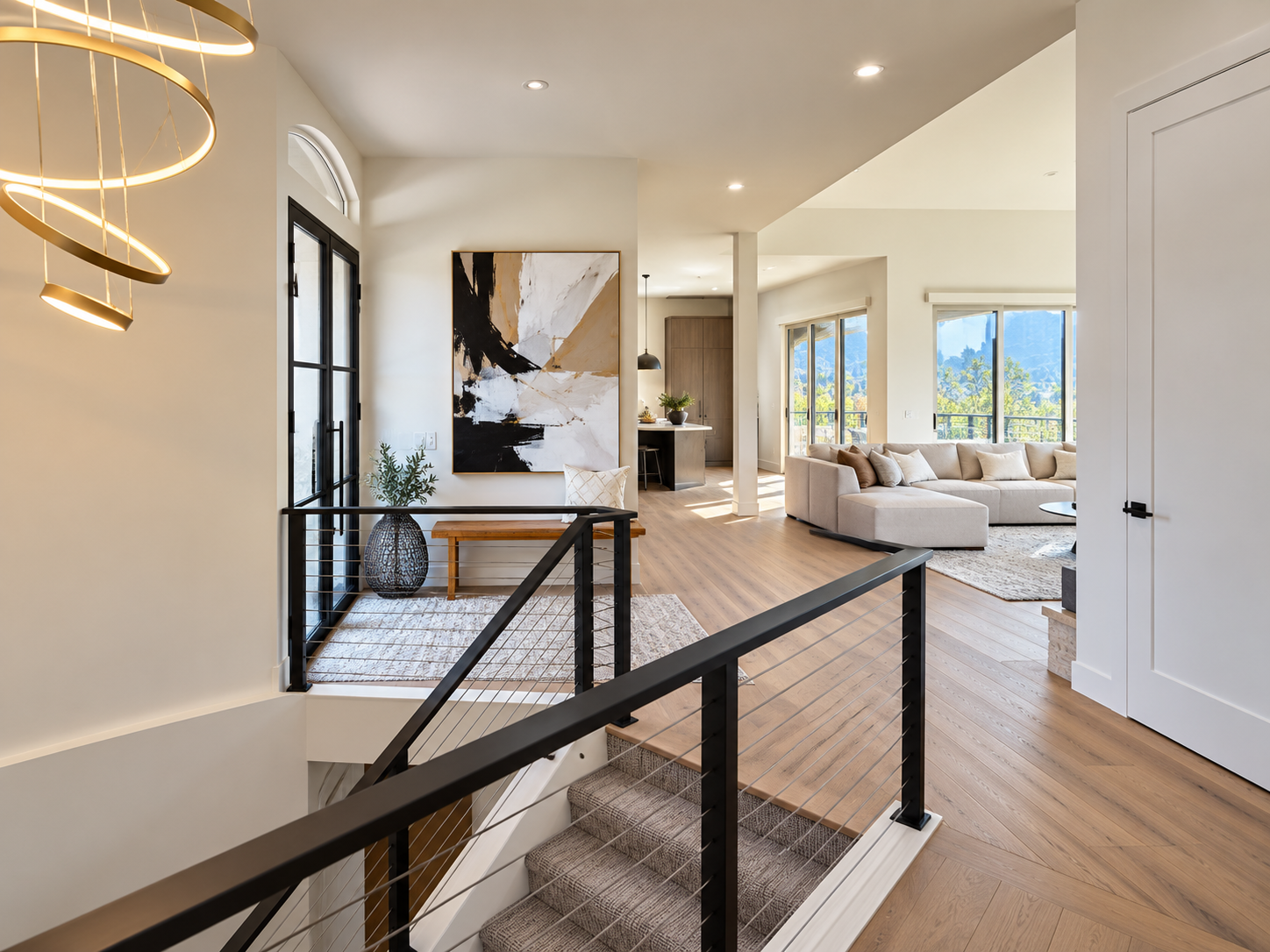 Elk foyer and cable-railed staircase