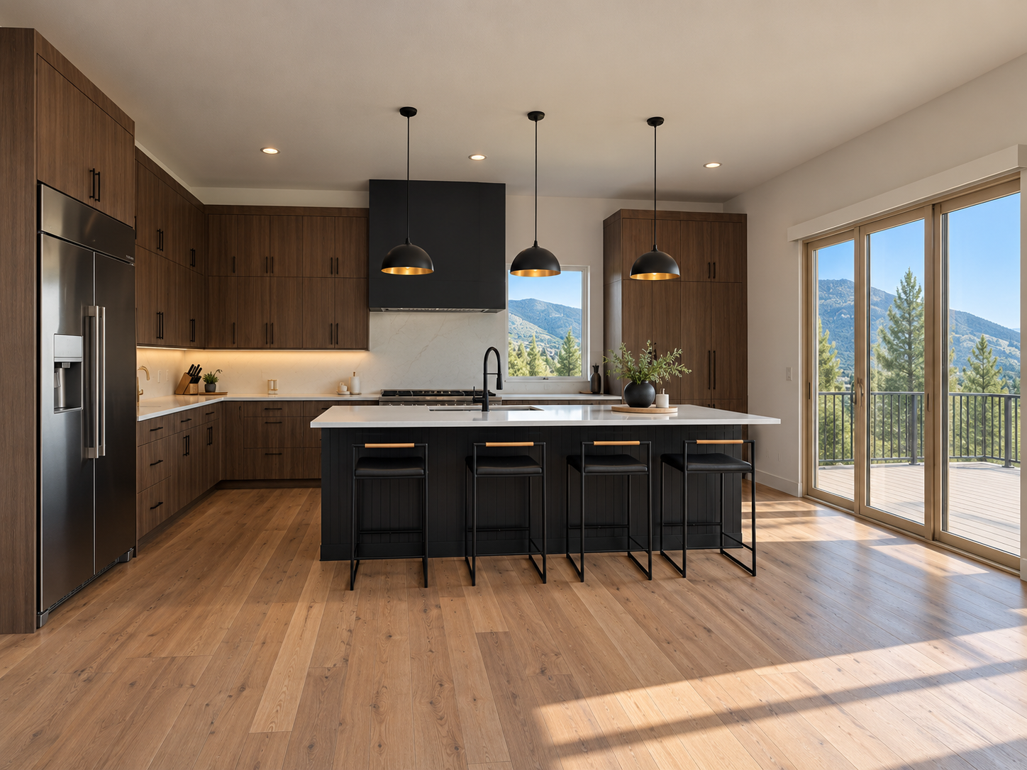 Elk kitchen with wood cabinetry, refrigerator, island and mountain view