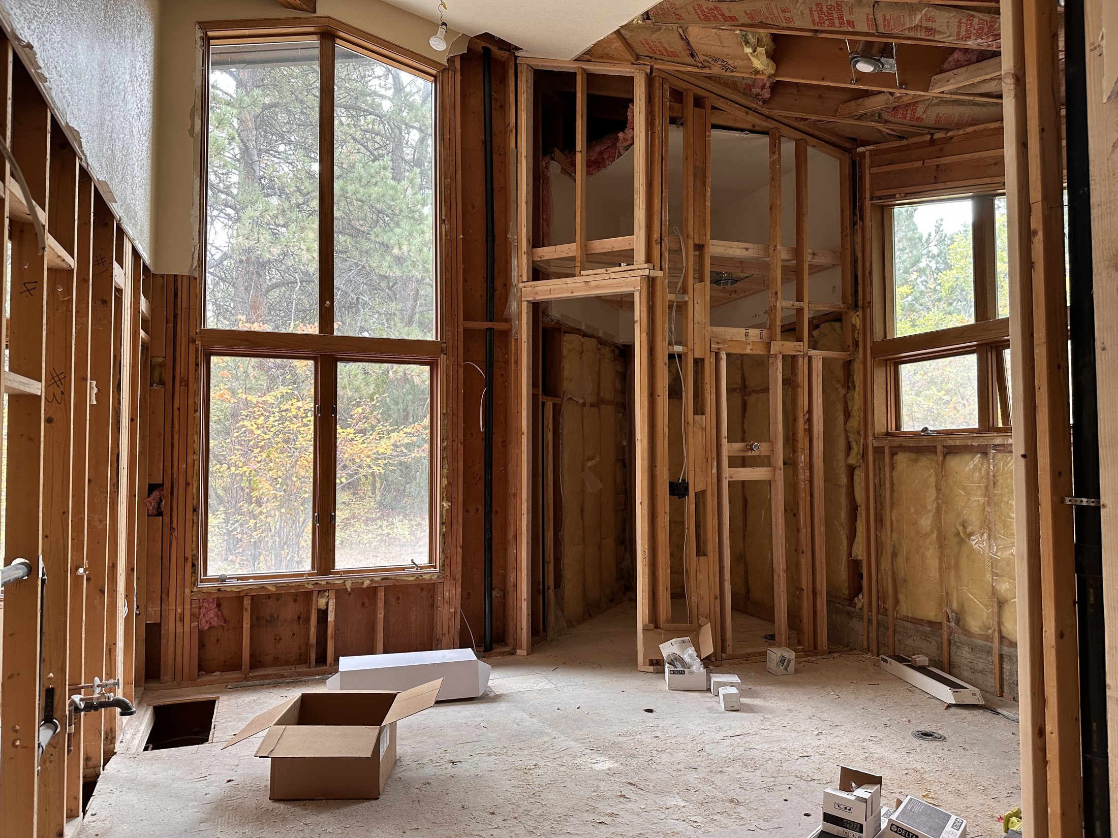 During · Back wall removed; new toilet room framed and future shower area opened